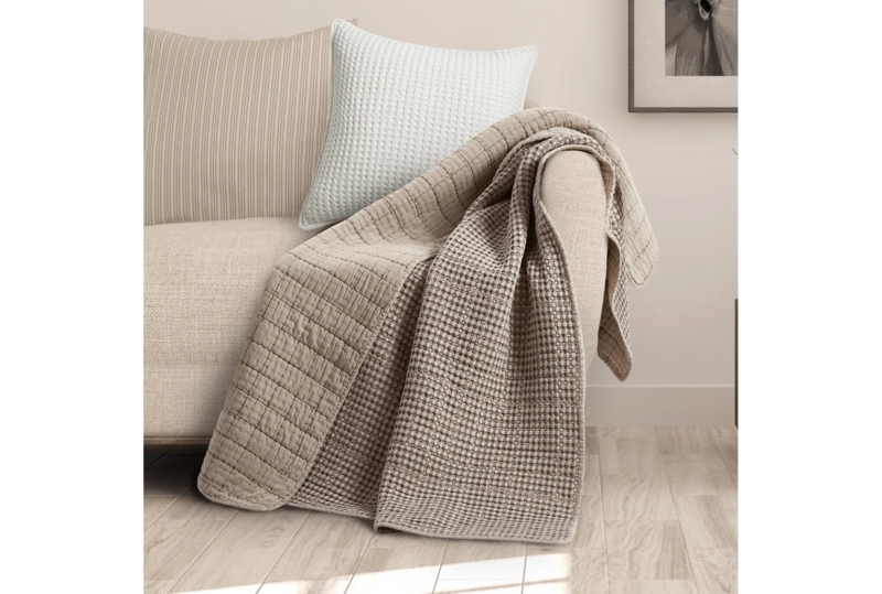 Textured Waffle Weave Throw Blanket, Taupe Quilted Cotton, Transitional