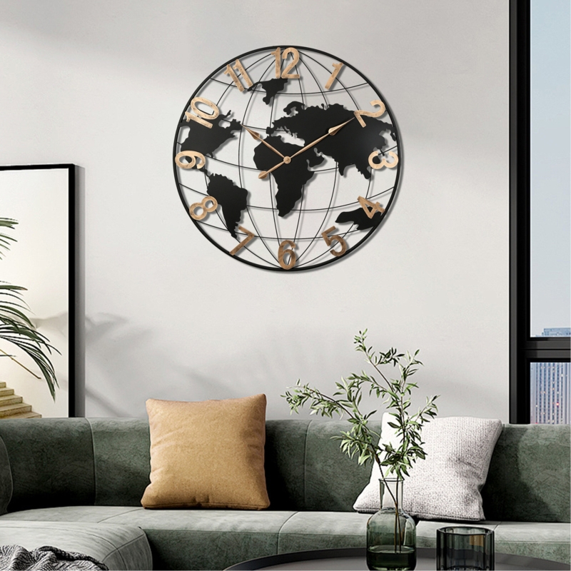 Textured Wall Clock World Map Cutout Arabic Numerals Black Gold