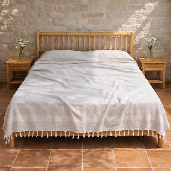 Thin Striped Throw Blanket, Knotted Fringe Cream