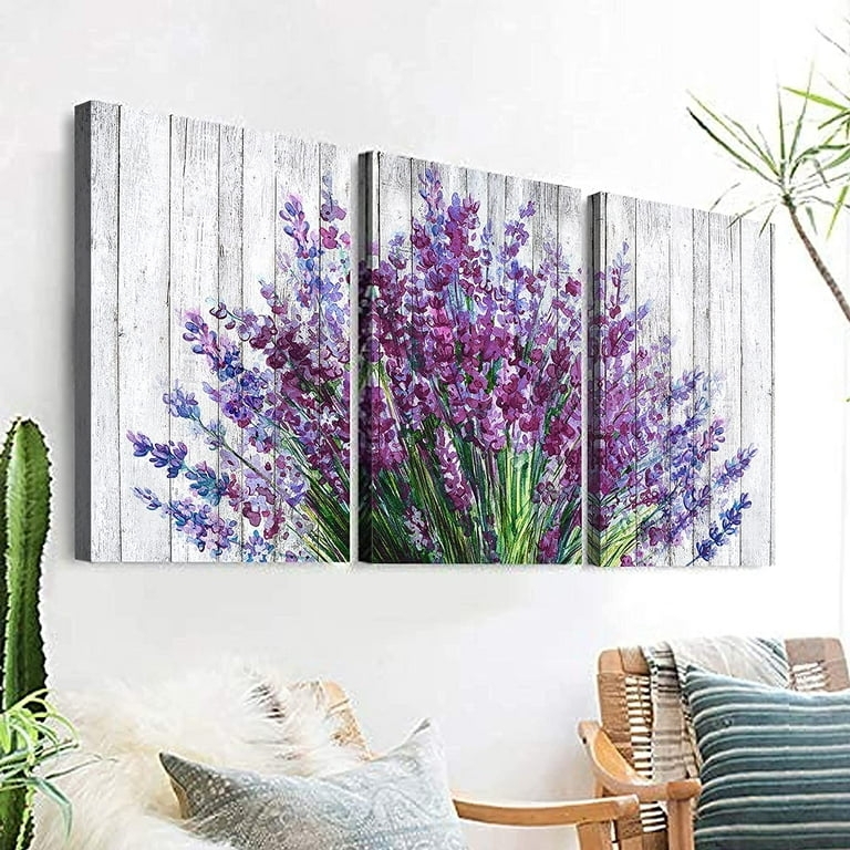 Three-Piece Canvas Wall Art Rustic Farmhouse Lavender Motif