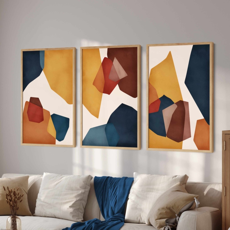 Three-Piece Wall Art Set: Minimalist Geometric Terracotta & Wood