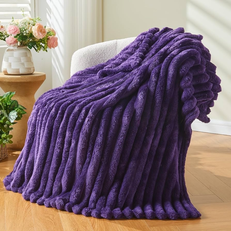 Throw Blanket, 3D Ribbed Jacquard Fleece, Deep Purple, Modern Cozy Decor