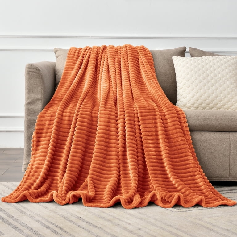 Throw Blanket 3D Ribbed Jacquard Plush Fleece Vibrant Orange Tactile