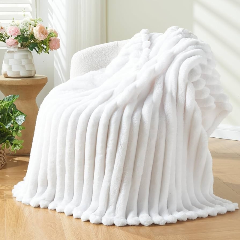 Throw Blanket 3D Ribbed Jacquard White Silky Flannel Ribbed Styling