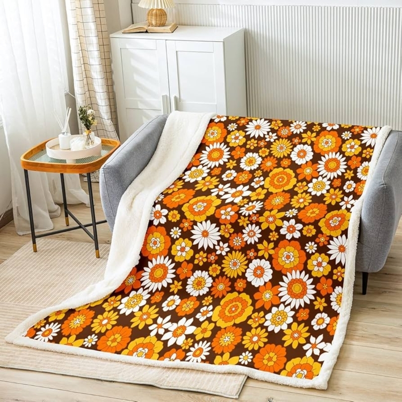 Throw Blanket 70s Retro Floral Corner Tassels Boho