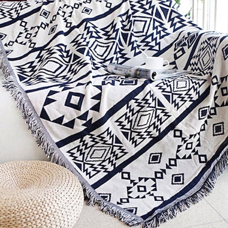 Throw Blanket Abstract Geometric Navy Mustard Tapestry Weave