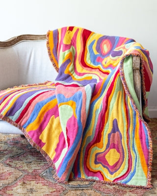 Throw Blanket Abstract Linear Pattern Cream Black Organic Cotton Throw