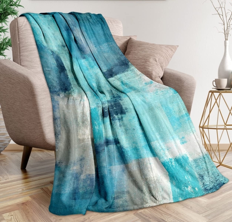 Throw Blanket, Abstract Marbled Print, Blue and Gray Fleece, Modern Decor