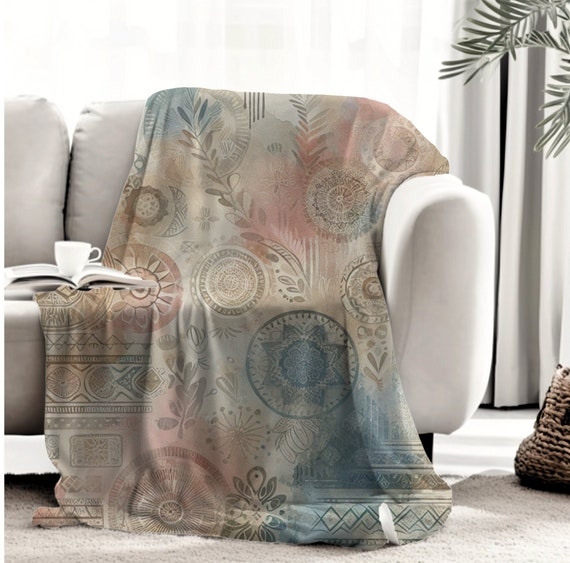 Throw Blanket Abstract Watercolor Print Sage Terracotta Fringed Trim