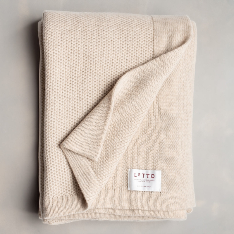Throw Blanket Almond Beige Cable Knit, Ribbed Trim Classic Style