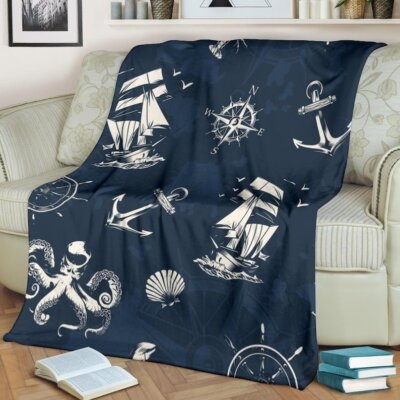 Throw Blanket, Anchor Rope Motif Plush Fleece, Cozy Maritime