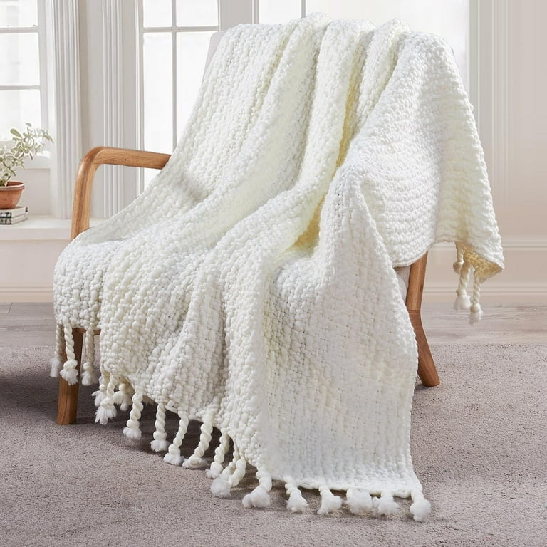 Throw Blanket, Antique White Basketweave & Braided Tassels. Eclectic Chic.