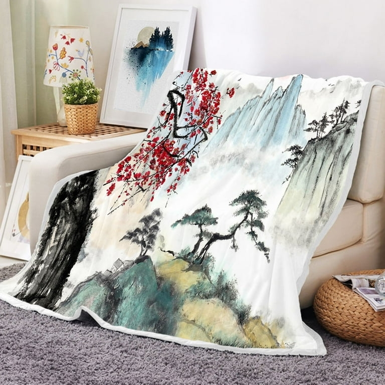 Throw Blanket Asian Inspired Pagoda Graphic Print Soft Flannel White