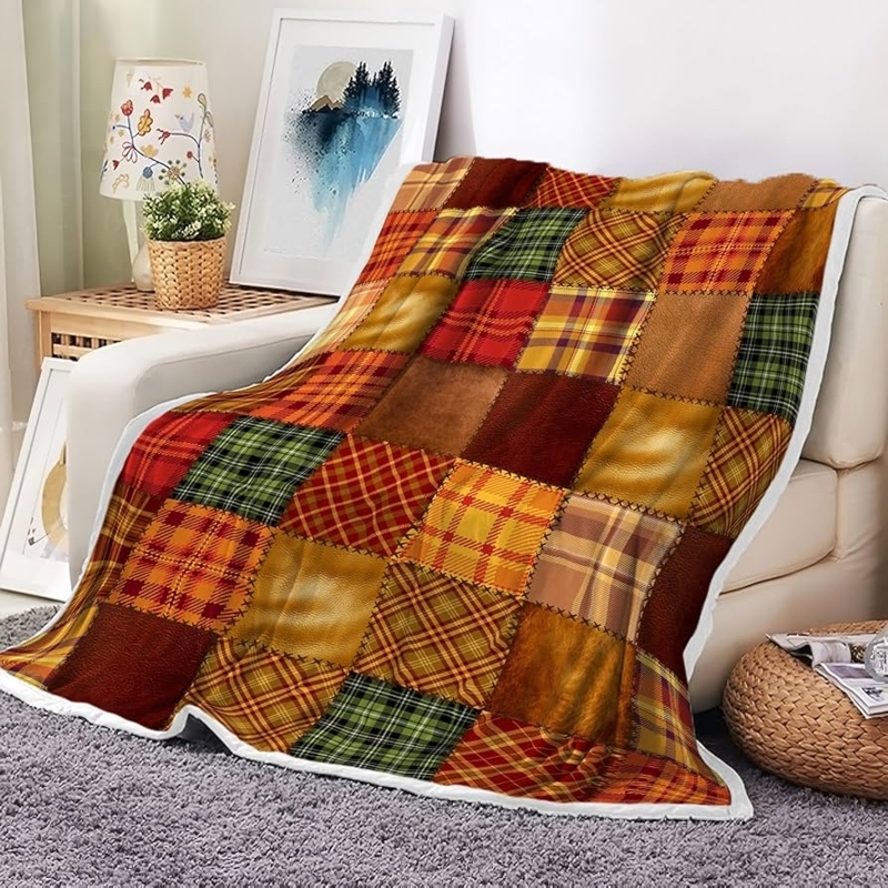 Throw Blanket Autumn Orange Plaid Plush Farmhouse Decor
