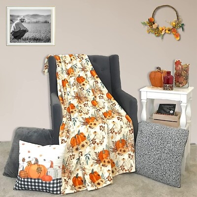 Throw Blanket Autumn Pumpkin Print Fleece Plush Harvest Berries