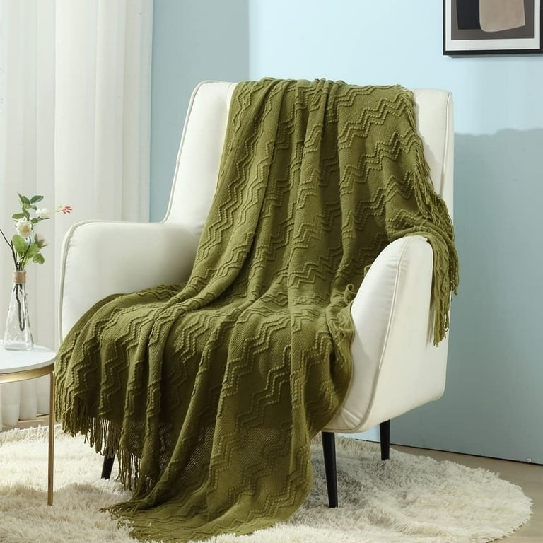 Throw Blanket Avocado Green Waffle Knit Tassels Boho Style