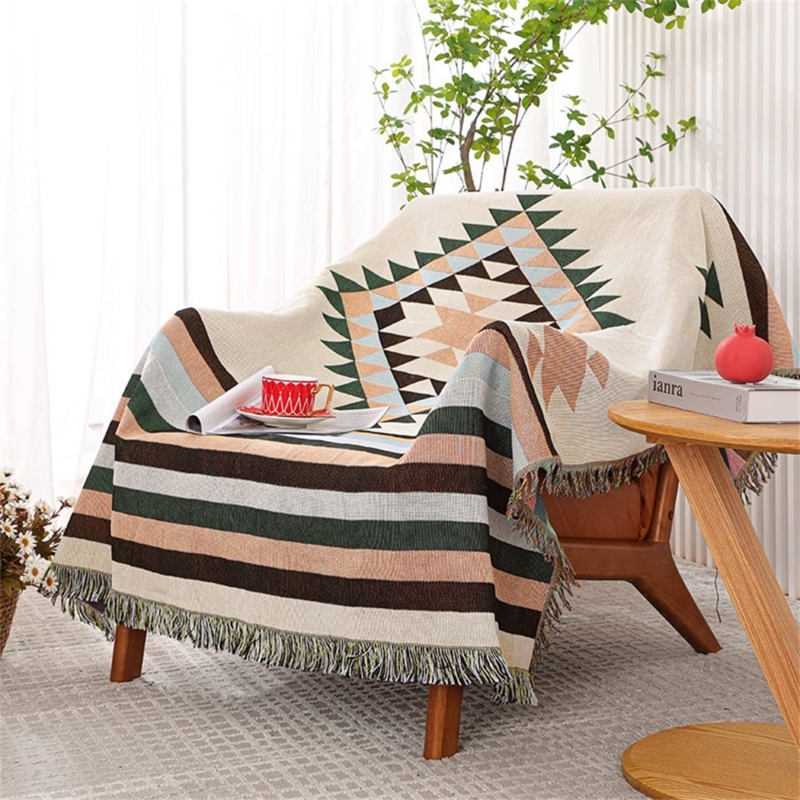 Throw Blanket Aztec Pattern Tassel Fringe Geometric Woven