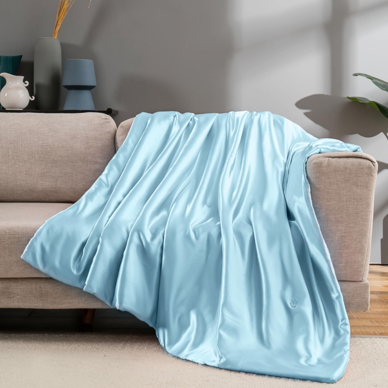 Throw Blanket Baby Blue Cable Knit Texture Satin Sheen Cooling