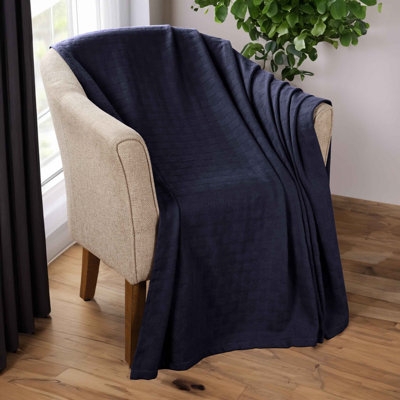 Throw Blanket Basketweave Texture Fringed Edge Light Blue