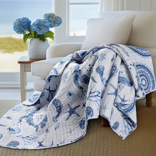 Throw Blanket Batik Print Fish Motif Quilted Cotton Blue Coastal Decor