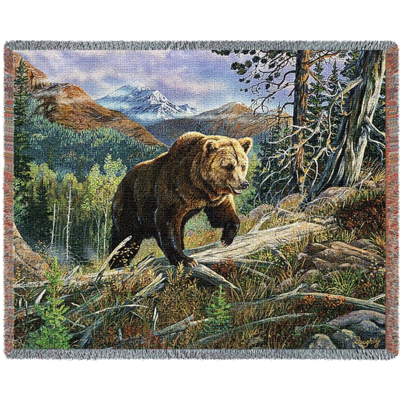 Throw Blanket, Bear Graphic with Wide Brown Border, Plush Texture