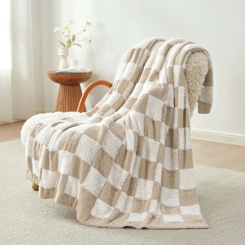 Throw Blanket Beige Checkered Faux Fur Plush Modern Farmhouse Textile