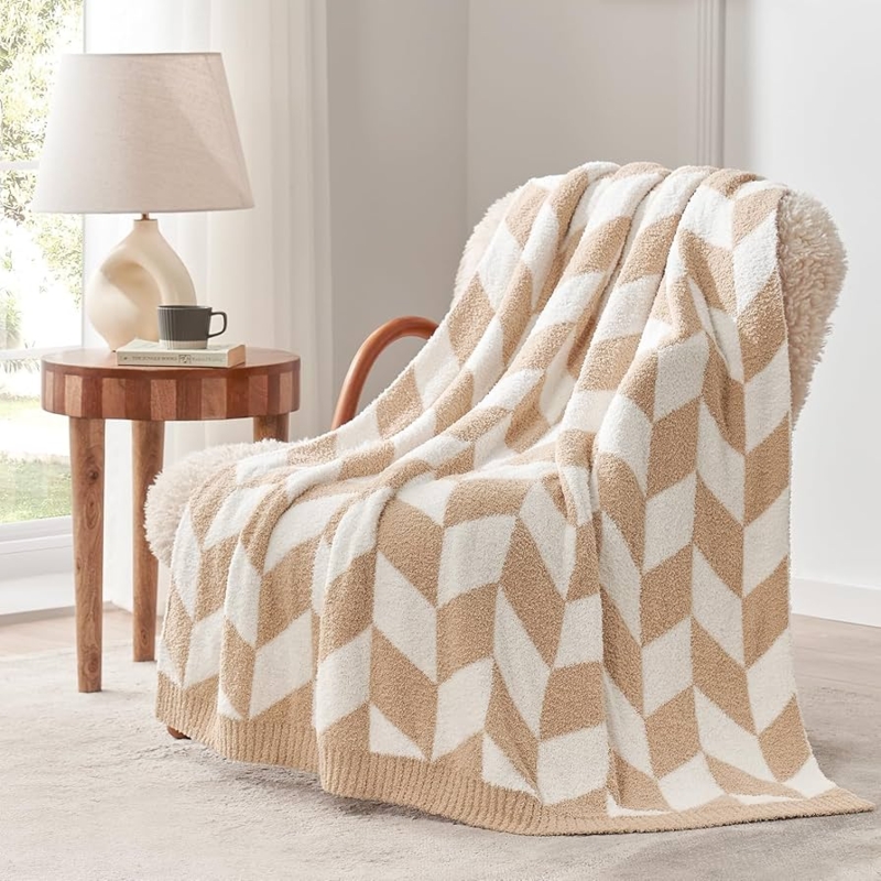 Throw Blanket: Beige Chevron Knit with Fuzzy Texture for Cozy Living Room