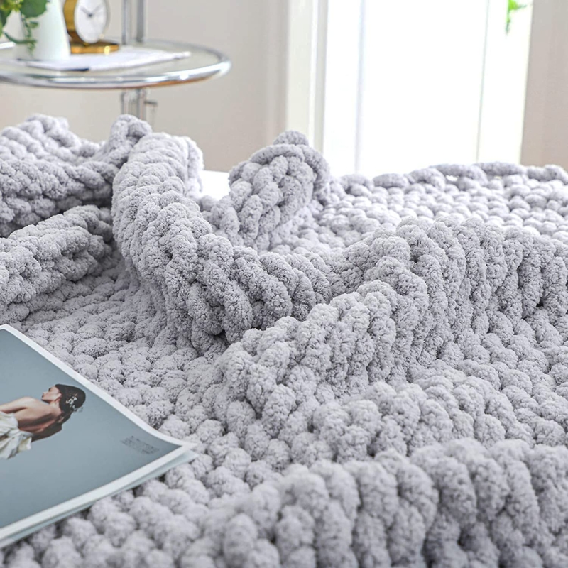 Throw Blanket Beige Exaggerated Chunky Knit Chenille Texture