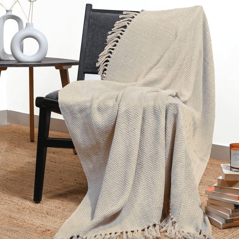 Throw Blanket Beige Herringbone Weave Fringed Edges Boho Living Room