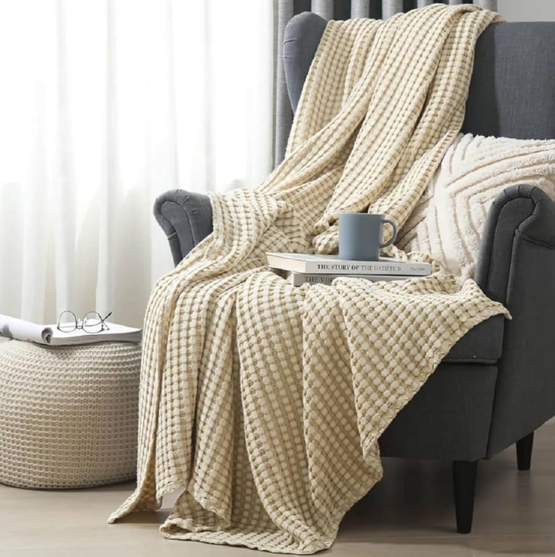 Throw Blanket Beige Waffle Weave Cozy Textured Sofa Accent