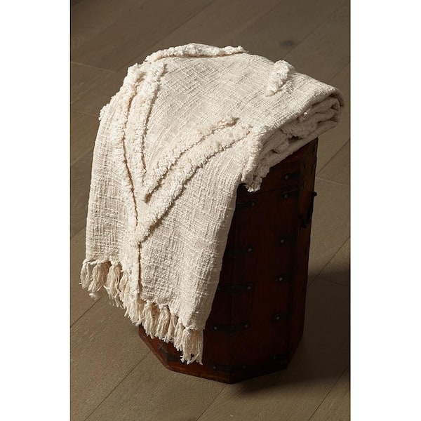 Throw Blanket Beige Woven Cotton Diamond Weave Knotted Fringe Boho
