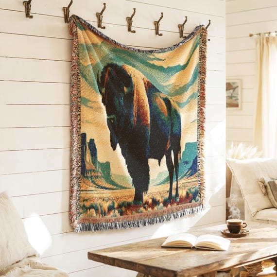 Throw Blanket Bison Graphic Centerpiece Southwestern Tapestry Style