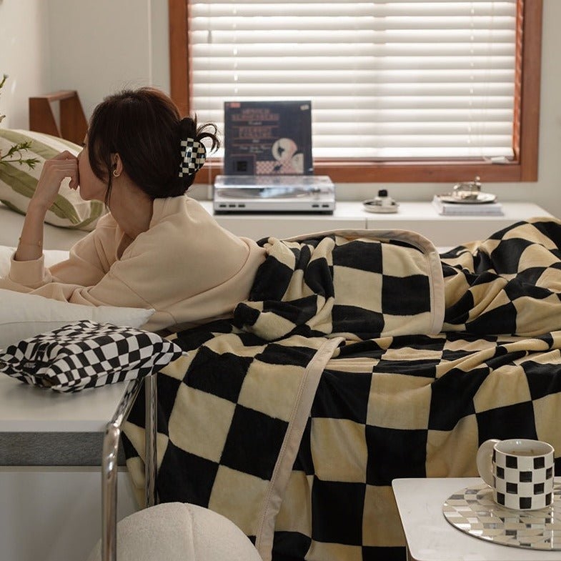 Throw Blanket, Black and Beige Checkered, Fringe Trim, Woven Texture