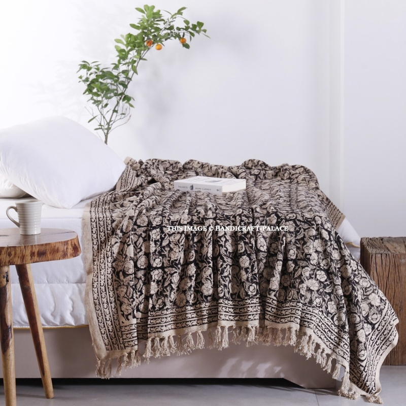 Throw Blanket Black Beige Block Print Bohemian Floral Fringed