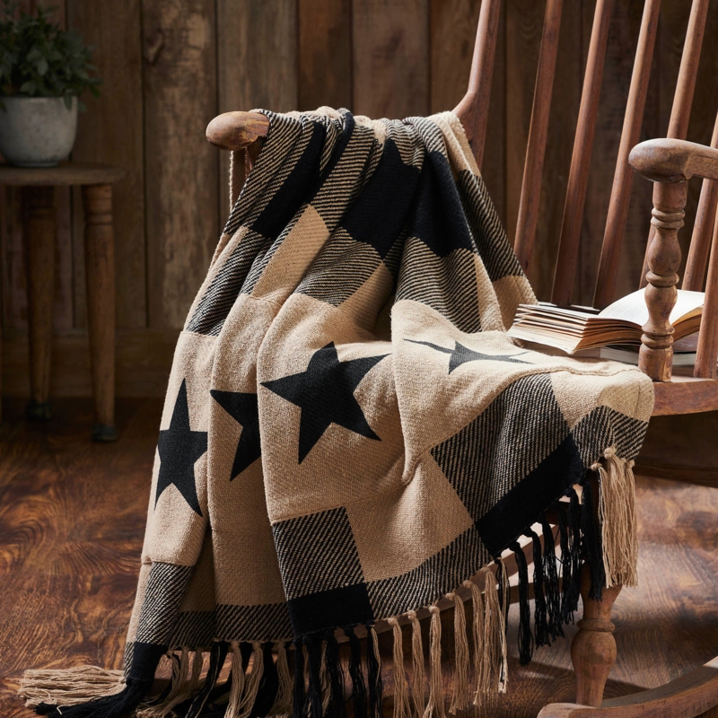 Throw Blanket, Black Checkered Pattern with Star Motifs. Primitive Decor.