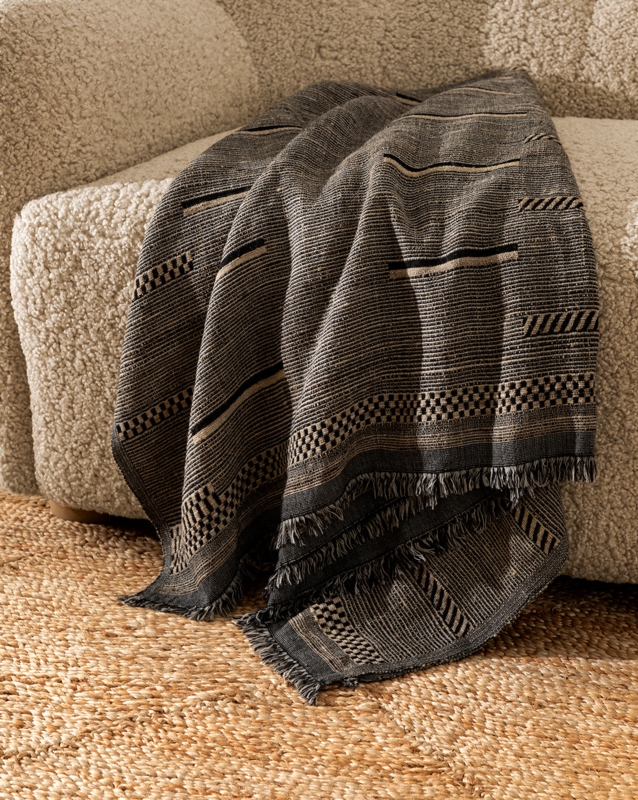Throw Blanket, Black & Cream Checkered Pattern with Tassels. Farmhouse.