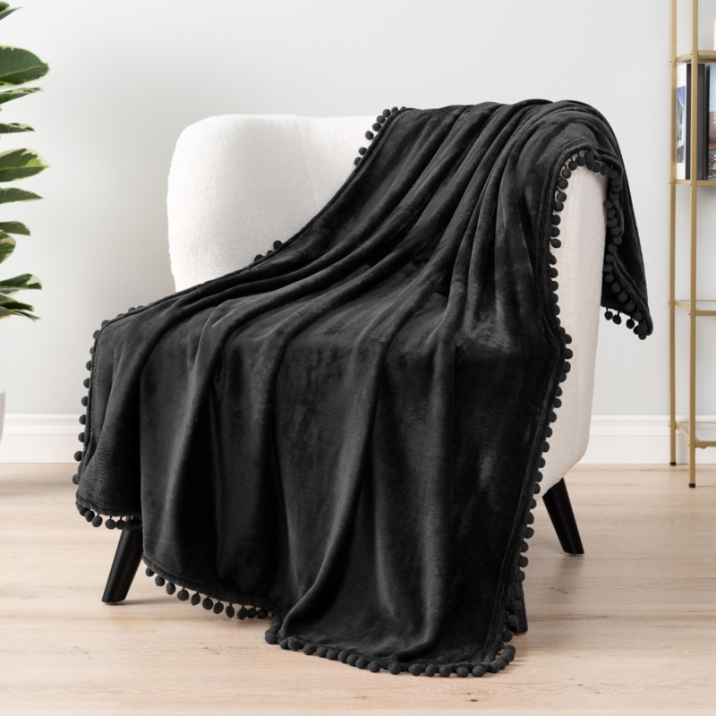 Throw Blanket Black Fleece Pom Pom Fringe Boho Style