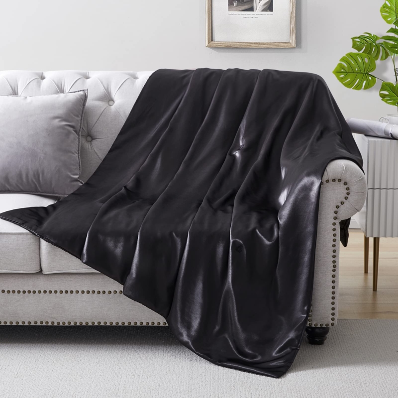 Throw Blanket Black Satin Sheen Lightweight Cooling Modern Accent