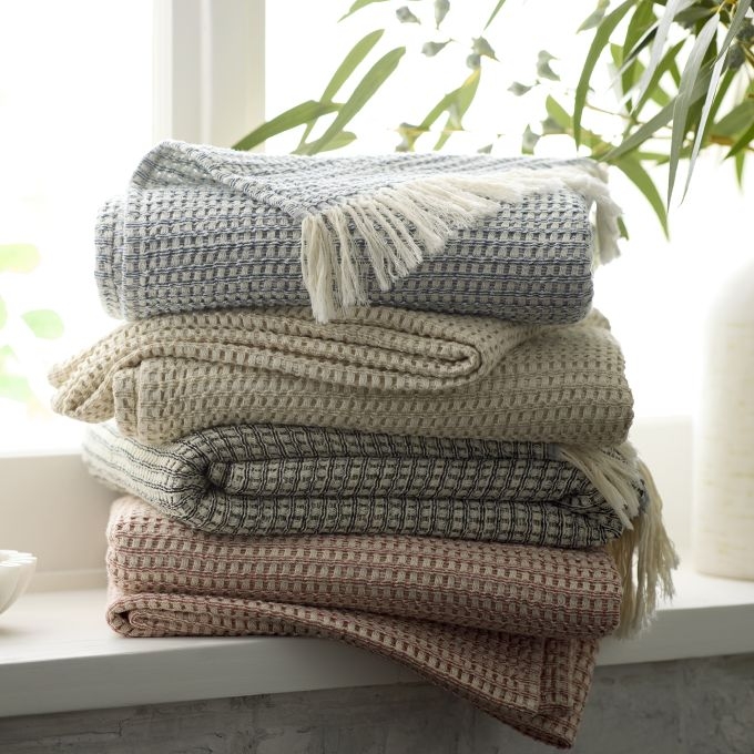 Throw Blanket Black Waffle Weave Fringed Edge Modern Cozy