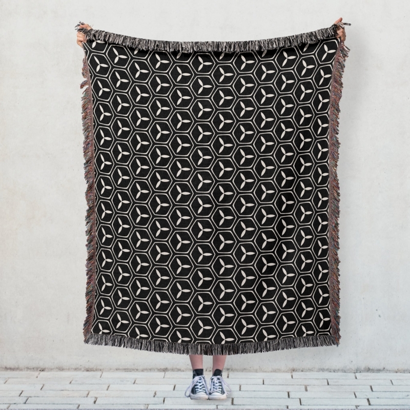 Throw Blanket Black White Geometric Woven Tassels Cotton