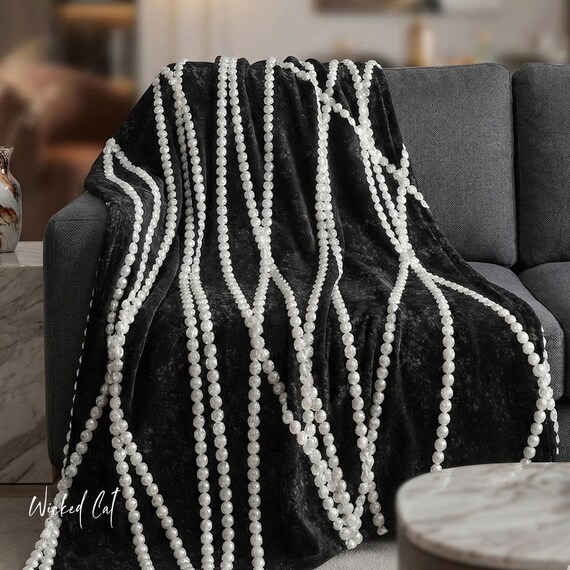 Throw Blanket Black White Velvet Large Scale Pearl Pattern