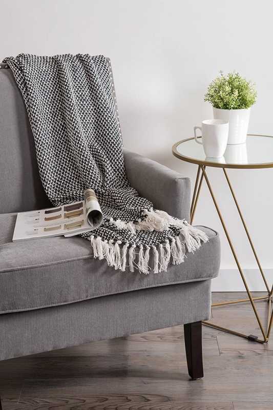 Throw Blanket Black White Woven Geometric Diamond Tassel Fringe
