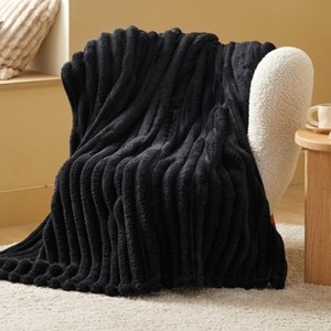 Throw Blanket, Black Wide Ribbed Fleece for Monochrome Decor