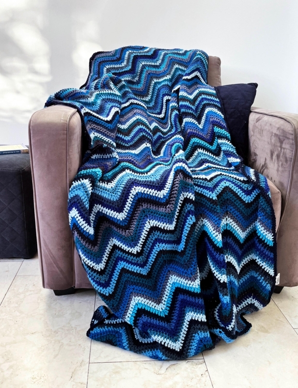 Throw Blanket: Blue Chevron Ripple Crochet with Scalloped Edges, Handmade