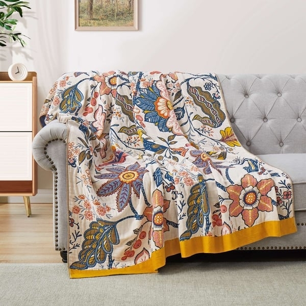 Throw Blanket Blue Cotton Jacquard Floral Thermal Fringe Boho Bedding