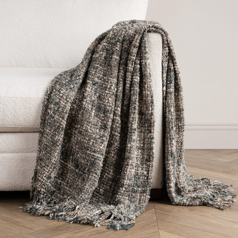 Throw Blanket Blue & Cream Geometric Woven Pattern Fringed