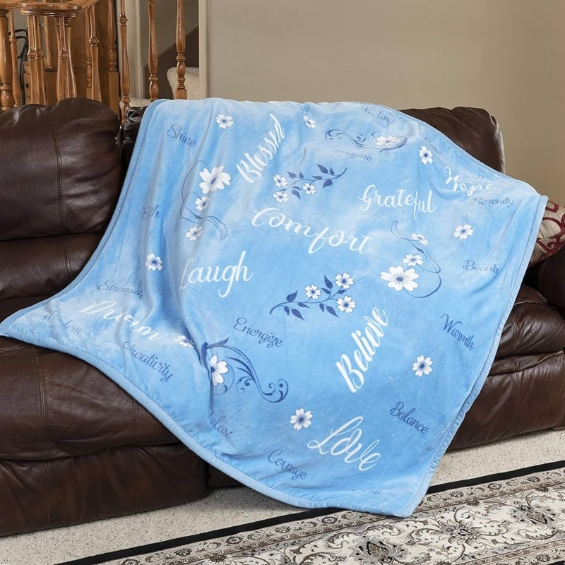 Throw Blanket Blue Floral Border Script Text Plush Fleece Comforting
