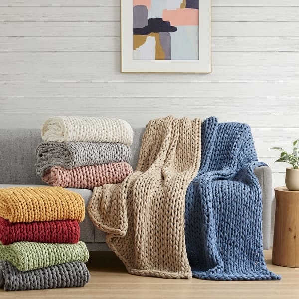 Throw Blanket Blush Pink Chunky Knit Double Knit Texture Accent