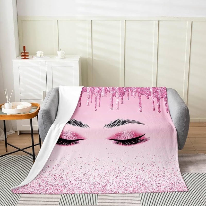 Throw Blanket Blush Pink Fleece Eyelash Motif Polka Dot