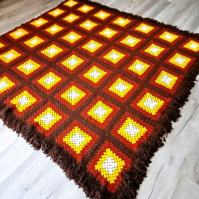 Throw Blanket Bohemian Granny Square Crochet Retro